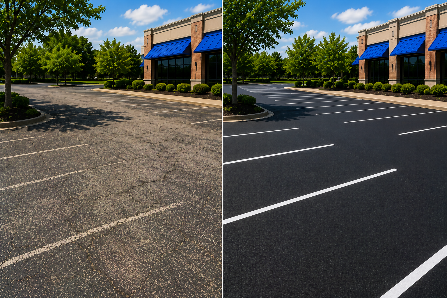 Commercial parking lot before and after asphalt work