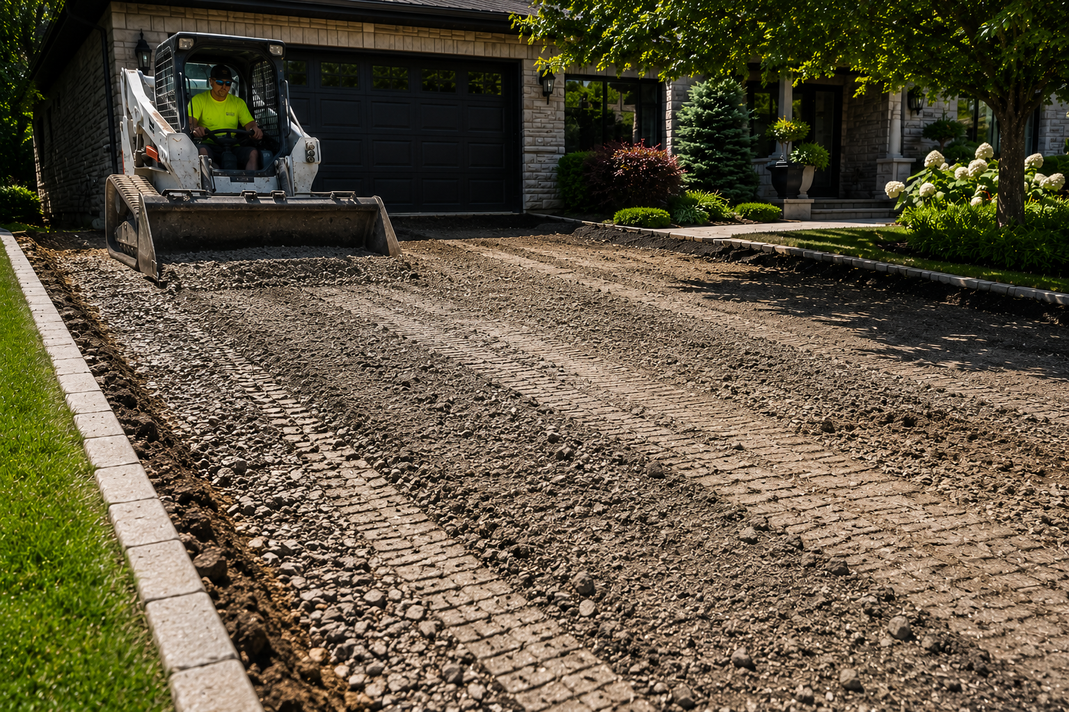 Stone base preparation for new asphalt driveway replacement