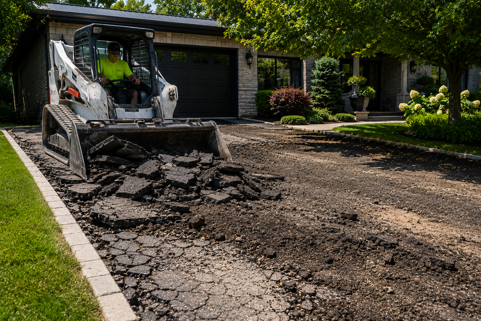 Old asphalt driveway being removed with skid steer equipment
