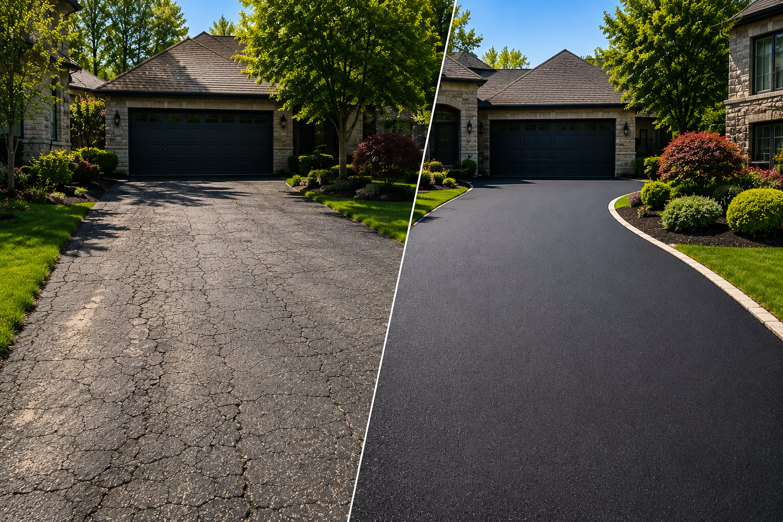 Before and after asphalt driveway replacement showing cracked pavement and a new asphalt driveway