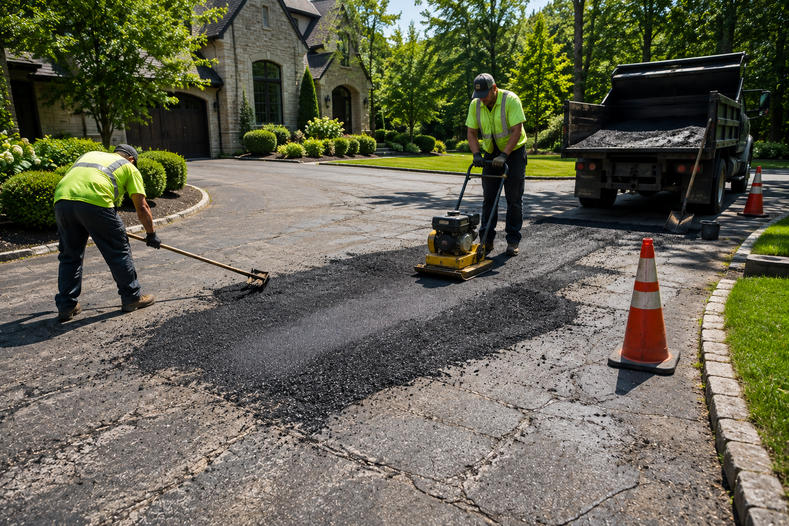 Asphalt repair crew repairing deteriorated pavement in Brentwood Tennessee
