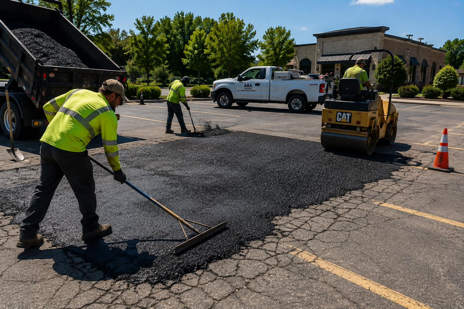Asphalt repair crew repairing damaged pavement in Lawrenceburg Tennessee