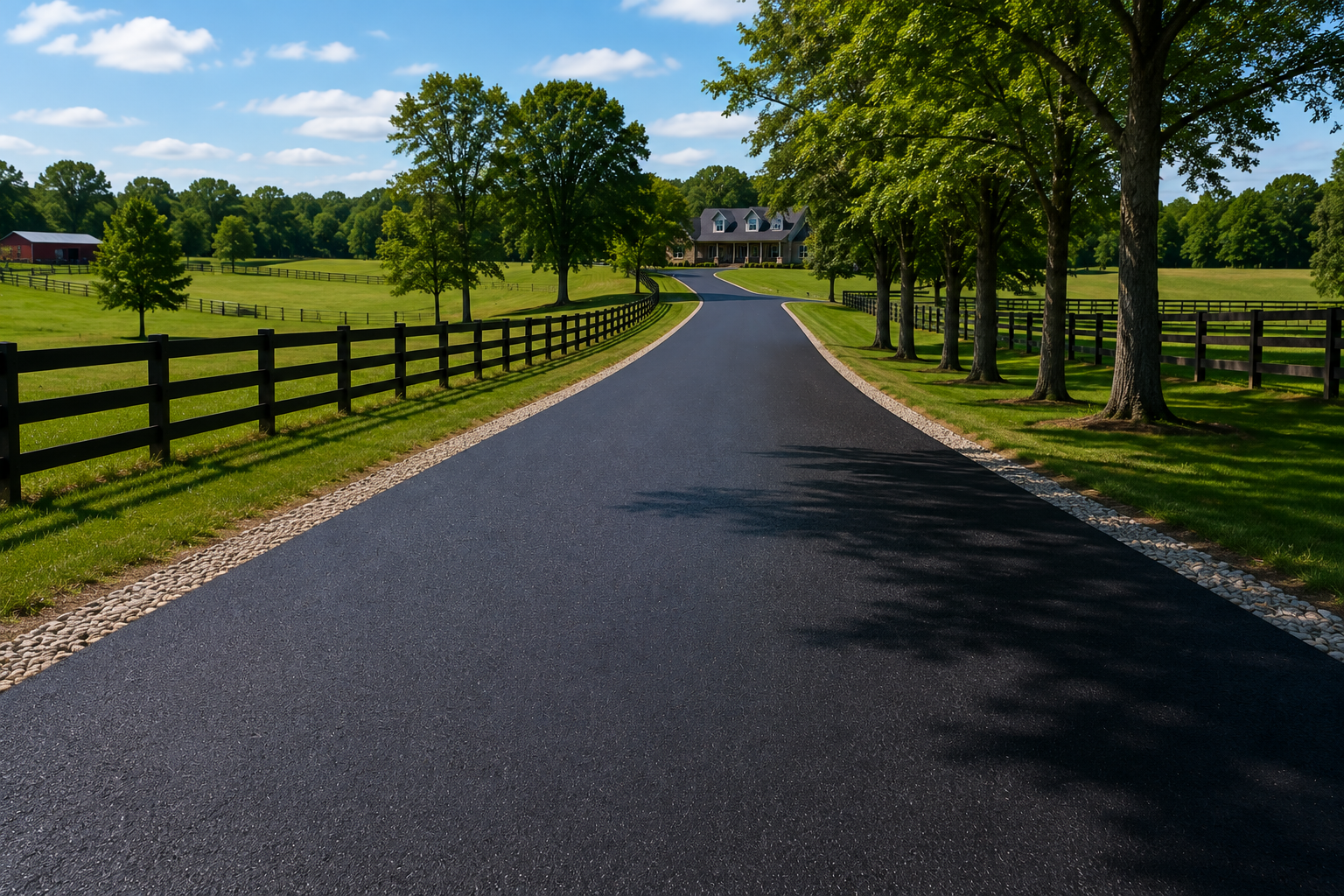 Long asphalt driveway at a rural property in Lawrenceburg Tennessee