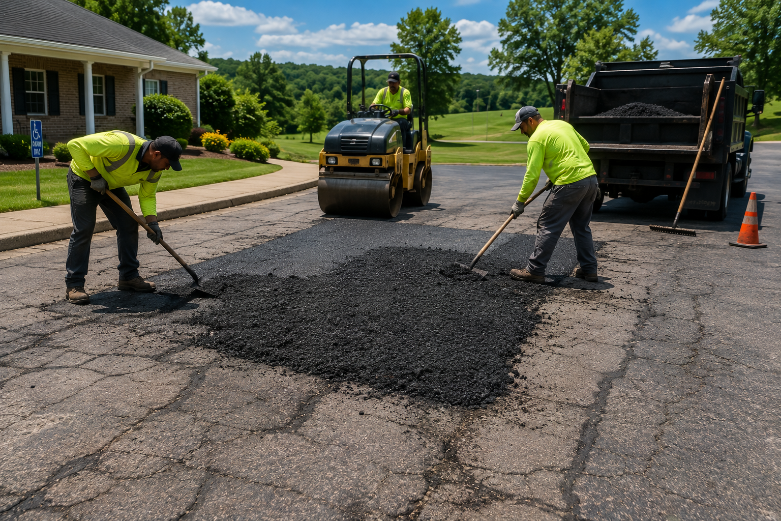 Asphalt repair crew installing fresh pavement in Manchester Tennessee