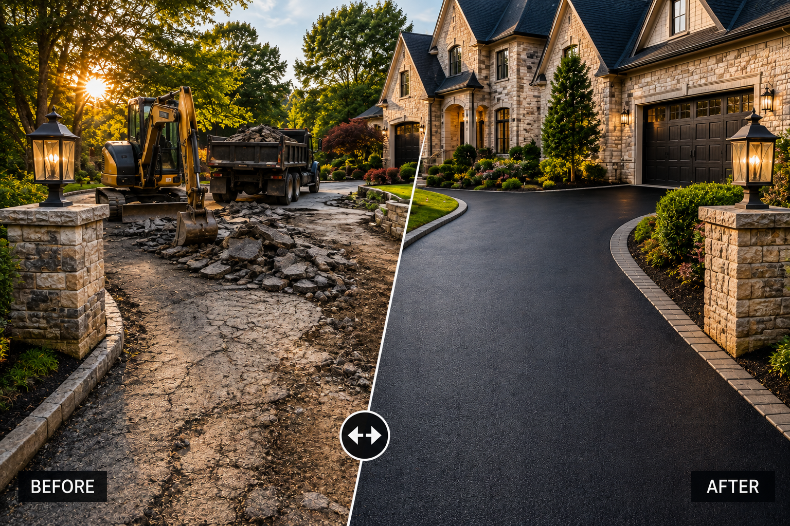 Before and after asphalt driveway replacement project