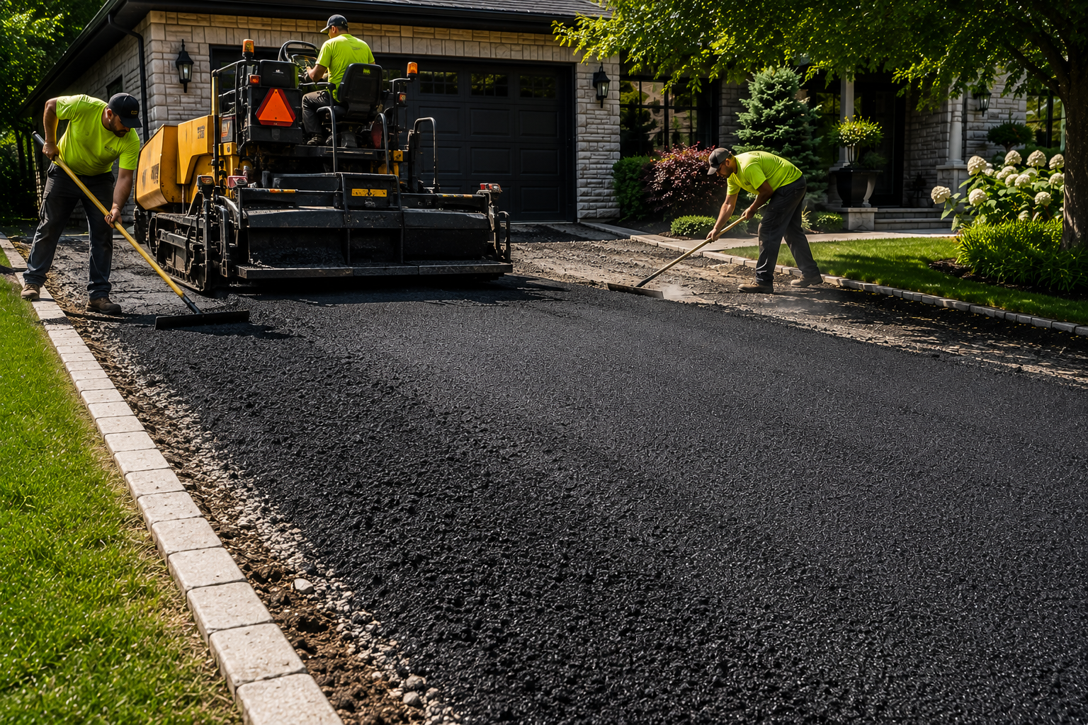 Crew installing new asphalt during driveway replacement project