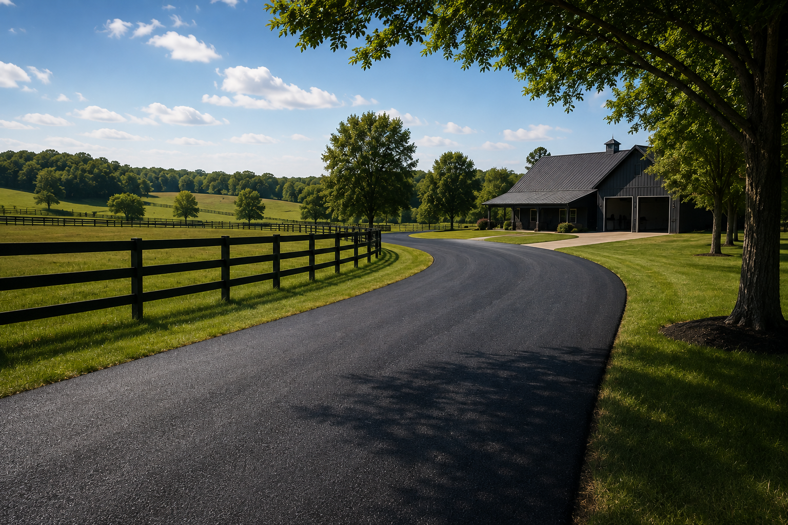 Long asphalt driveway leading to a rural property in Shelbyville Tennessee