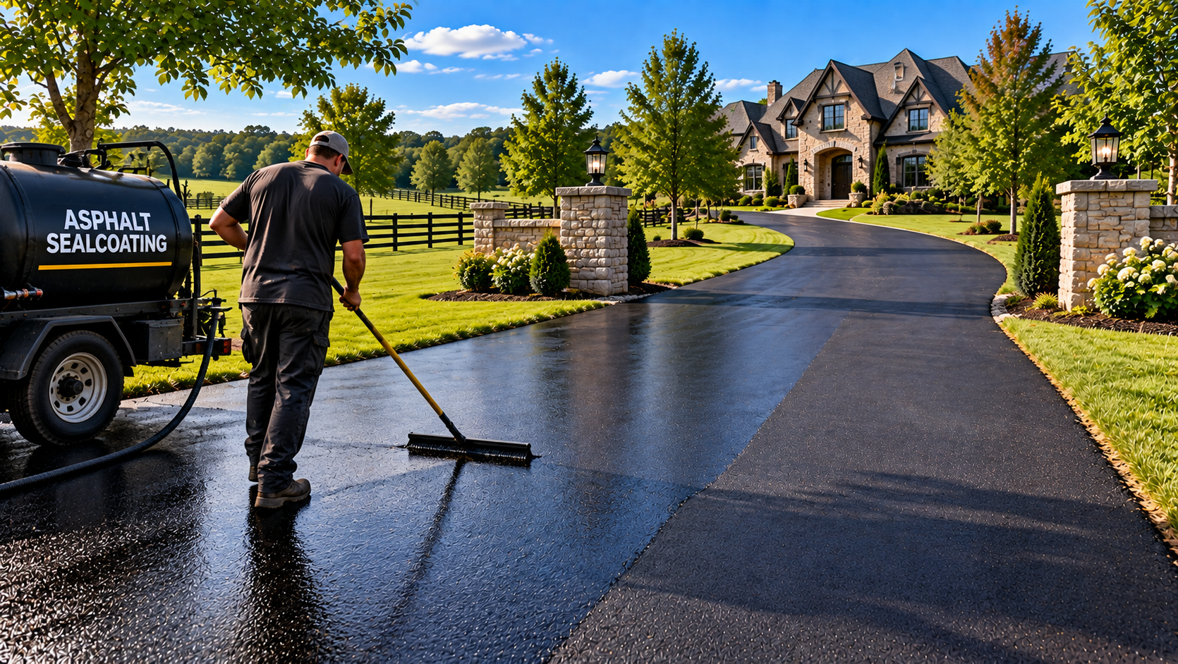 Asphalt driveway sealcoating at a large residential property in College Grove Tennessee