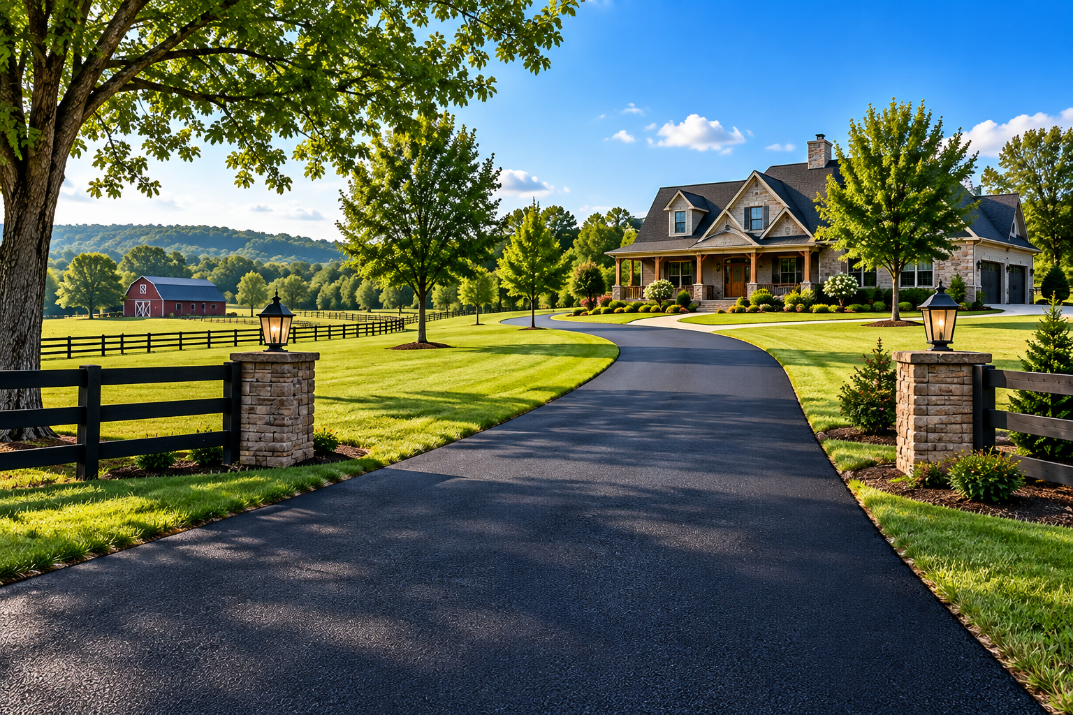 Long asphalt driveway paving at a rural residential property in Fayetteville Tennessee