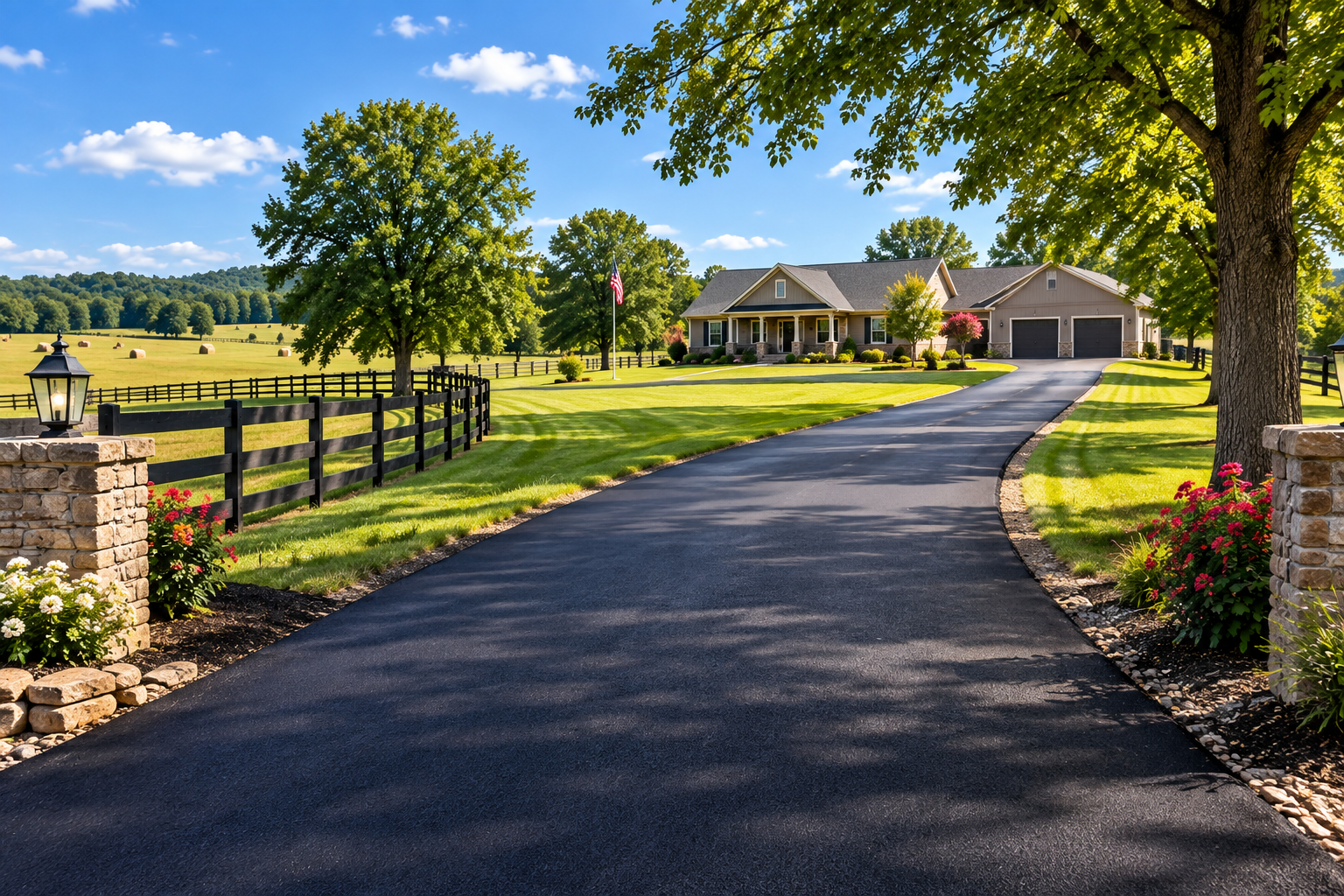 Long asphalt driveway paving at a rural residential property in Pulaski Tennessee