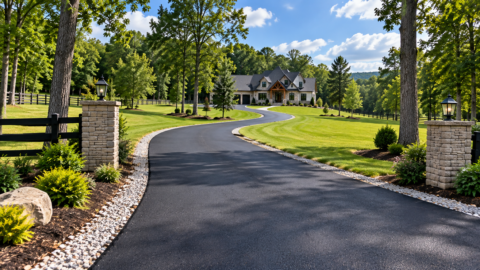 Long freshly paved asphalt driveway at a rural property in Summertown Tennessee