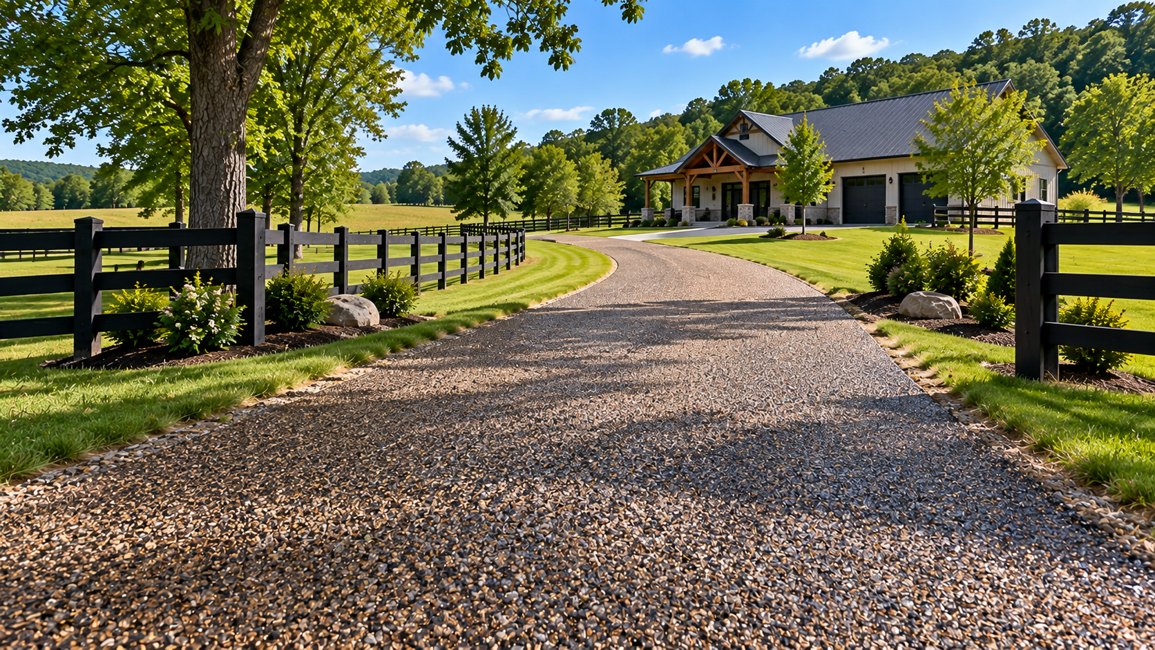Tar and chip driveway paving at a rural property in Summertown Tennessee