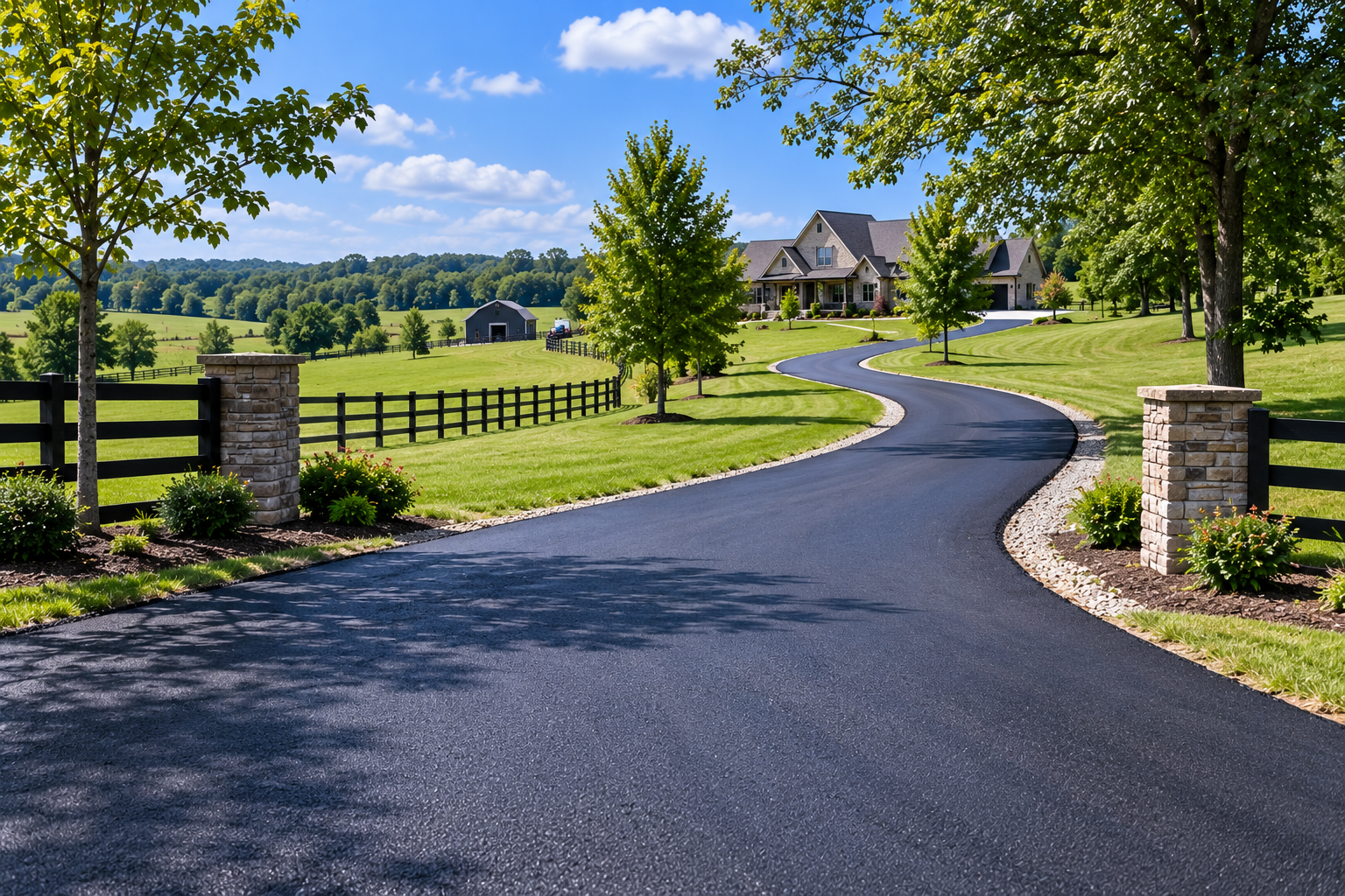 Long rural asphalt driveway paving in Ensor, Tennessee